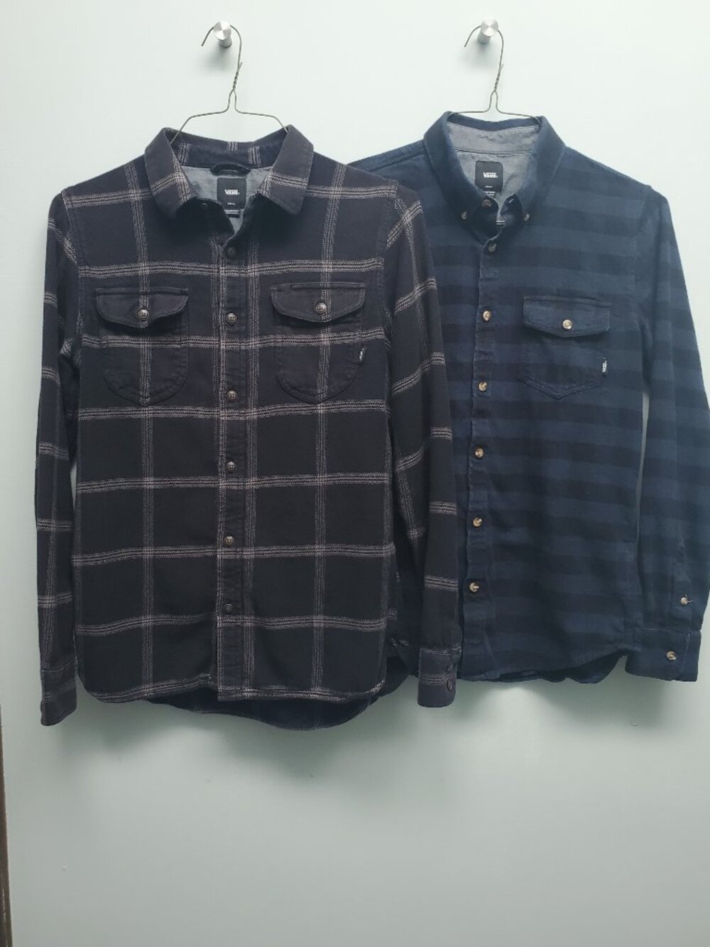 Lot of 2 Vans Tailored Fit Flannel Shirts Black Plaid & Navy Striped Size S Mens